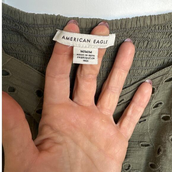 AE Women's Olive Green 100% Cotton Eyelet Smocked Back Flowy Blouse, Size M, EUC - Picture 2 of 6